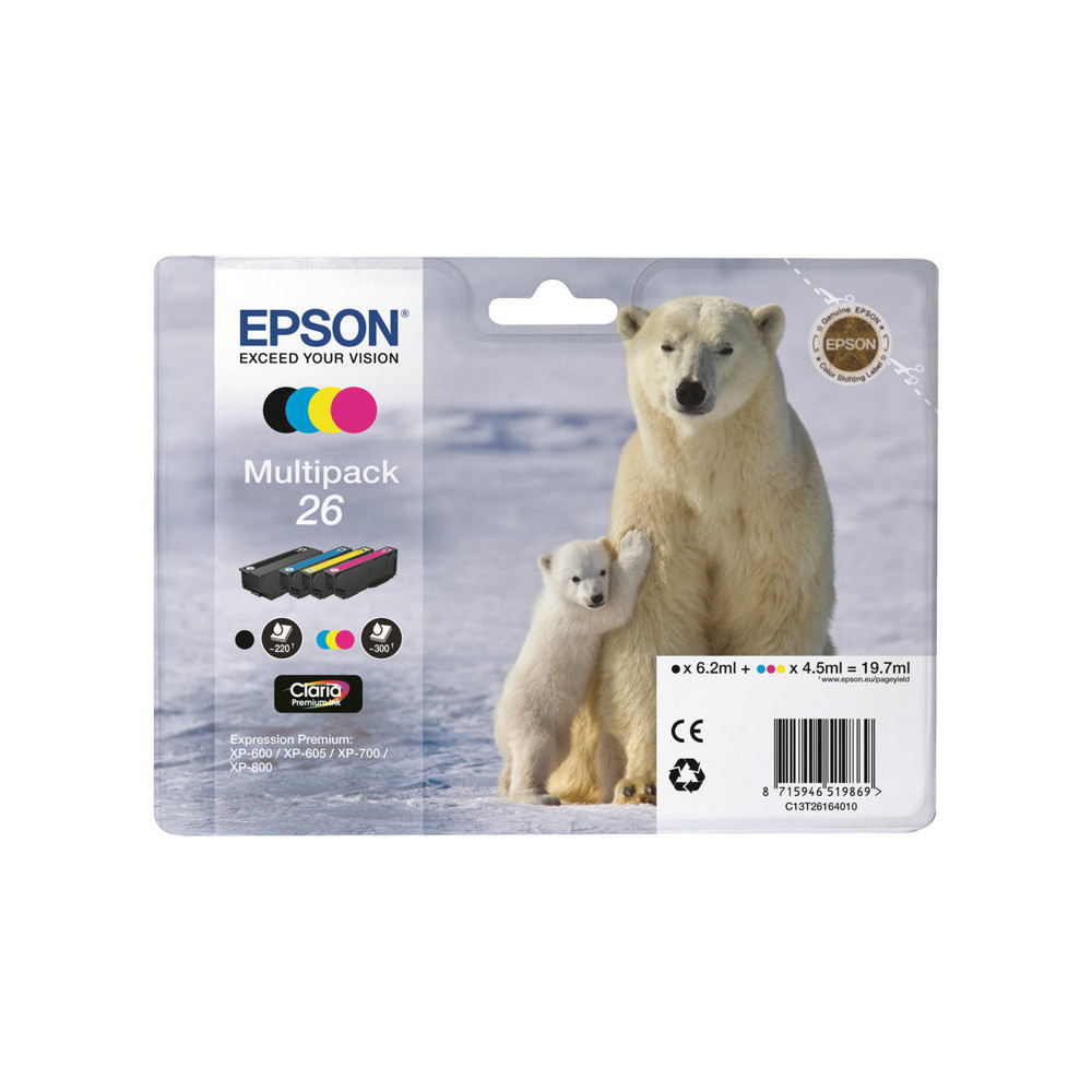 Cartouche Epson 26 Noir + 3 Couleurs XP-510/520/600/620/625/720/800 Cartouche Epson 26 Noir + 3 Couleurs XP-510/520/600/620/625/720/800