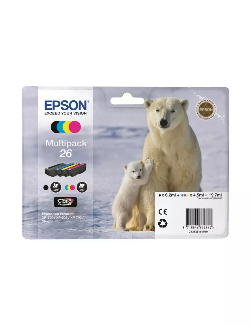 Cartouche Epson 26 Noir + 3 Couleurs XP-510/520/600/620/625/720/800 CARTEPT26MULTI - 1