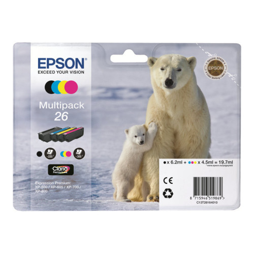 Cartouche Epson 26 Noir + 3 Couleurs XP-510/520/600/620/625/720/800 CARTEPT26MULTI - 1 Cartouche Epson 26 Noir + 3 Couleurs XP-510/520/600/620/625/720/800 CARTEPT26MULTI - 1