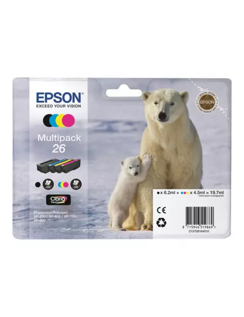 Cartouche Epson 26 Noir + 3 Couleurs XP-510/520/600/620/625/720/800 CARTEPT26MULTI - 1