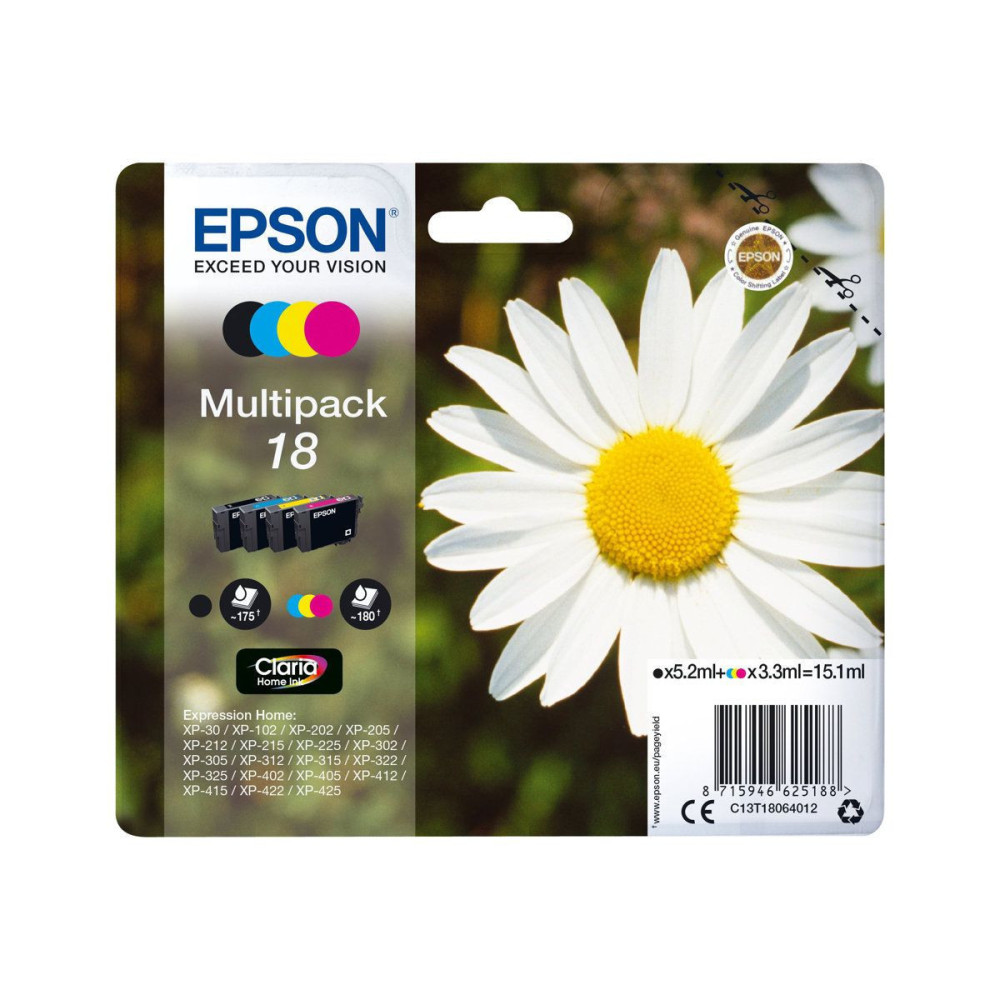 Cartouche Epson T1806 Noir + 3 Couleurs XP-102/212/215/30/305/312/315