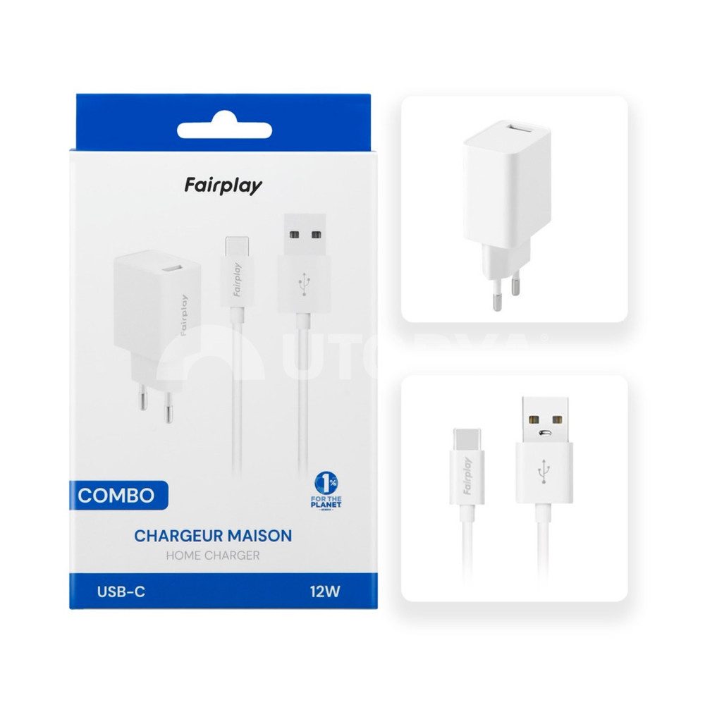 Chargeur Combo Fairplay avec câble USB-C 12W Blanc Chargeur Combo Fairplay avec câble USB-C 12W Blanc