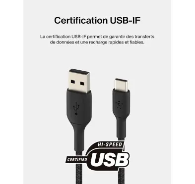 Cable USB vers Type-C 3A Belkin 15cm tressée Noir