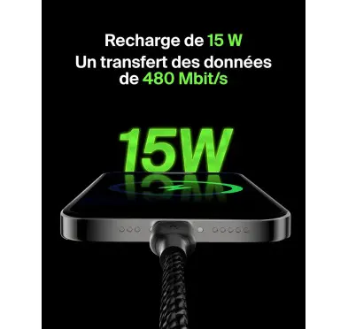 Cable USB vers Type-C 3A Belkin 15cm tressée Noir