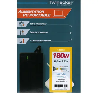 Chargeur Twinecker PC Portable 19V 9.5A 180 Watts 5.5/1.7mm