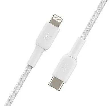 Cable USB Type-C vers Lightning 2m Belkin tressé Blanc