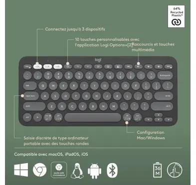 Clavier Logitech Pebble Keys 2 K380s Graphite Multi-Device Bluetooth