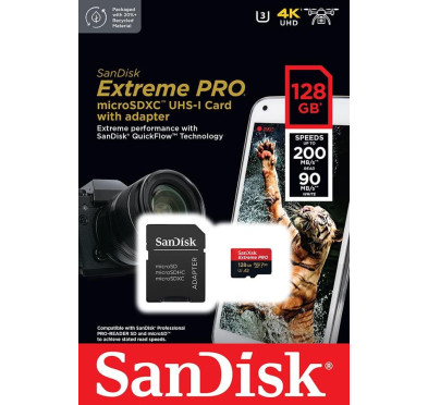 Mémoire Micro SDXC 128Go SanDisk Extreme PRO A2/V30/UHS-I U3 200 Mo/s