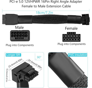 Rallonge d'alimentation 12VHPWR 600Watts 16AWG coudé type B