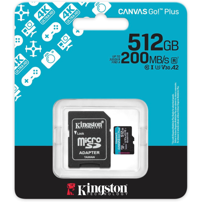 Mémoire Micro SDXC 512Go Kingston Canvas Go Plus A2/V30/UHS-I U3