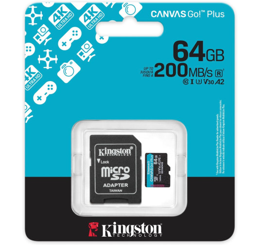 Mémoire Micro SDXC 64Go Kingston Canvas Go Plus A2/V30/UHS-I U3