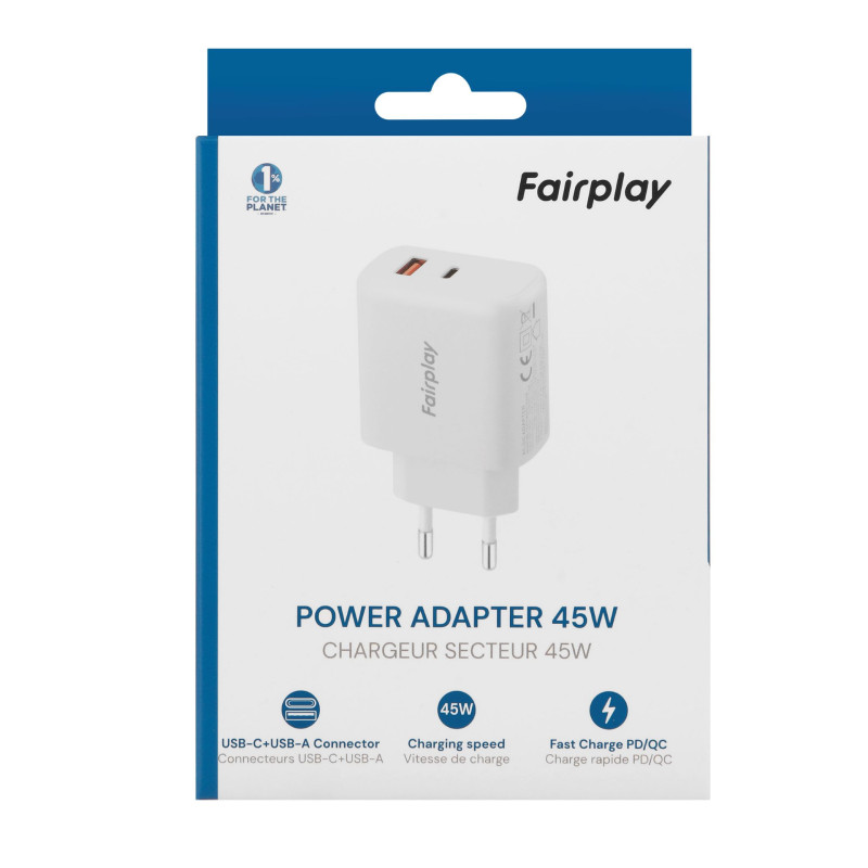 Chargeur Fairplay USB-C USB-A PD GaN 45W