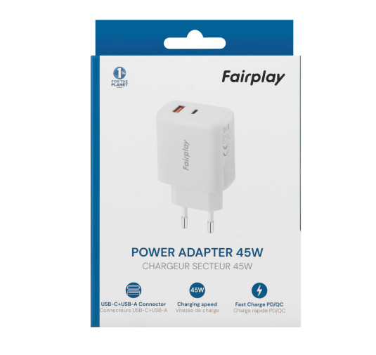 Chargeur Fairplay USB-C USB-A PD GaN 45W